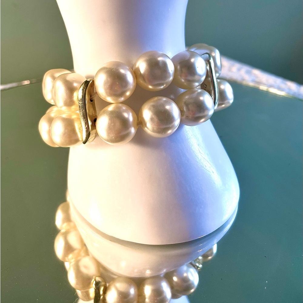 Chunky Faux Pearl and Gold Double Row Pearl Bracelet with gold spacers, stretch
